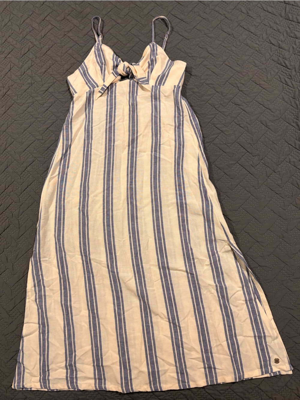 Roxy Cream and Blue Striped Midi Dress with Front Tie